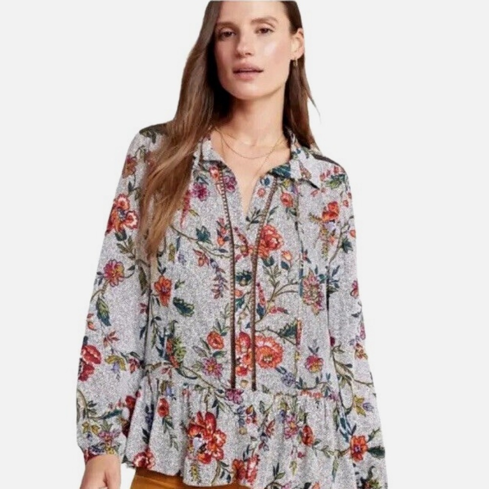 E3 Maeve Anthropologie Blouse Women
Janie‎ Floral Flounce Hem
Peasant Tie Neck